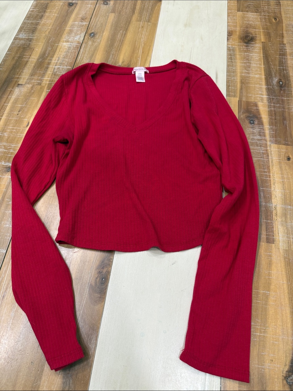 Bozzolo Red Ribbed V-Neck Long Sleeve Cropped Top